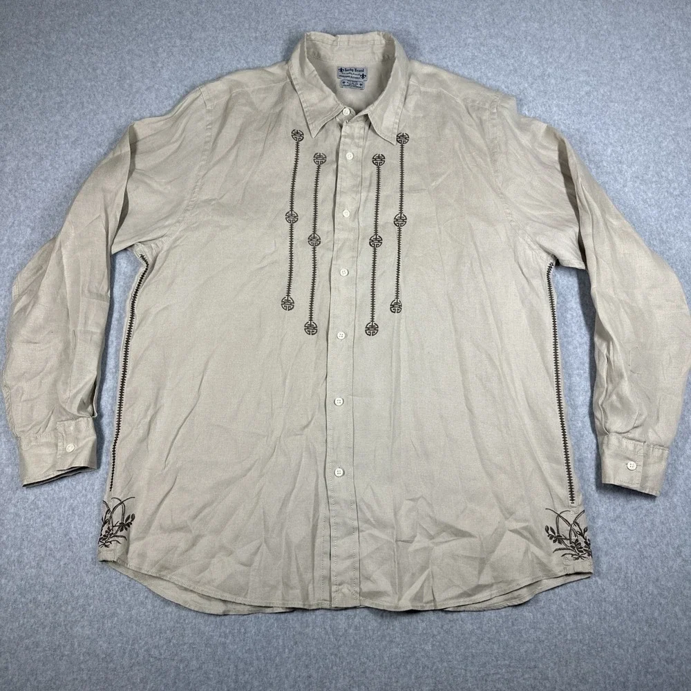 Lucky Brand Guayabera Embroidered Linen Button Up Shirt Men's XL Beige